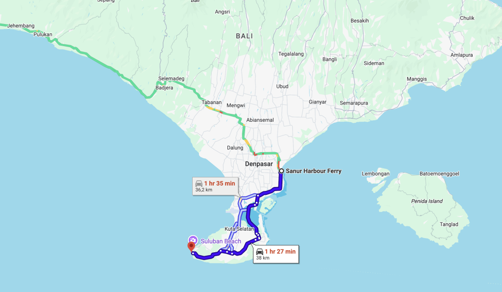 the distance between sanur port to uluwatu